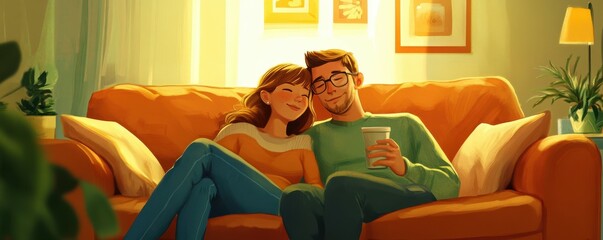 Obraz premium Cozy evening with young caucasian couple relaxing on couch in warmly lit living room