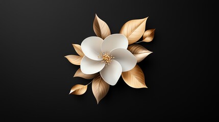 Fototapeta premium Elegant white flower with golden leaves on a sleek black background, perfect for invitations or decorative designs.