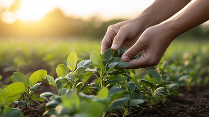 Fototapeta premium Farmer Harvesting Ayurvedic Plants in Lush Green Field