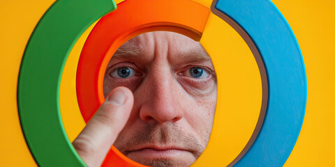 Man's Face Partially Obscured by Multicolored Circular Segments