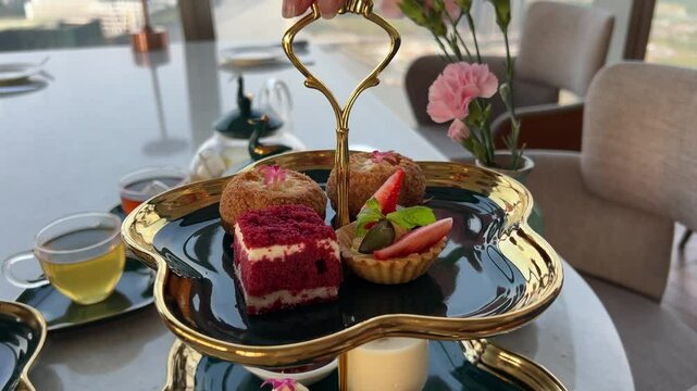 Tea time, traditional English tea ceremony with Afternoon tea cakes, sandwiches and teapot with hot tea. Sweet tasty cakes and desserts with greenery on background.
