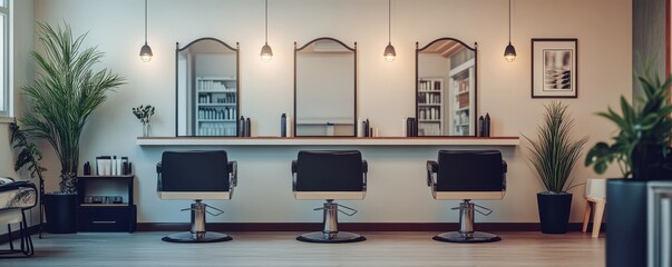 Modern hair salon interior with chairs, mirrors, and stylish decor