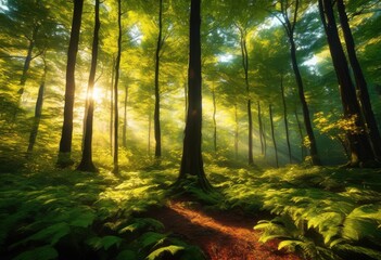 Obraz premium luminous vibrant forest foliage illuminated streaming sunlight filtering through towering trees, arboreal, atmosphere, beams, biodiversity, blanket, bloom