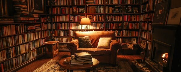 Cozy home library with armchair and bookshelves in warm lighting