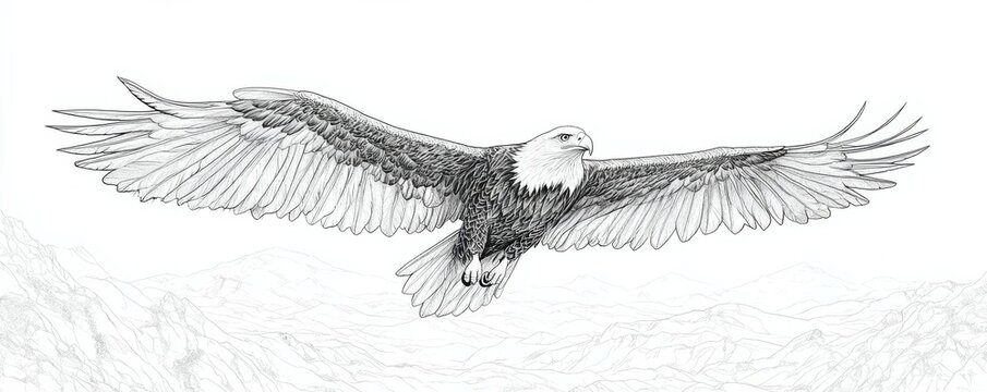 Majestic bald eagle soaring over mountain landscape in detailed black and white line art