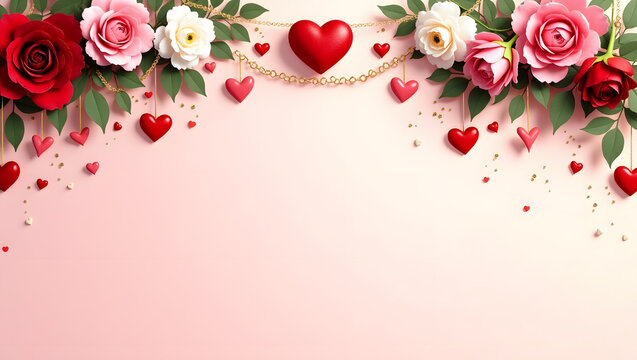 Elegant Valentine's Day scene showcasing rich red roses and heart motifs, suitable for expressing affection and love