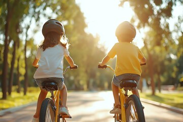 Two children riding bicycles down a sunlit path, surrounded by lush greenery. A moment of joy and freedom captured amidst nature.