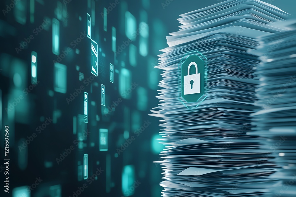 Aufkleber digital security concept showcasing a stack of documents with a security lock icon symbolizing data 