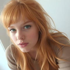 Naklejka premium Mujer de pelo largo y rojizo, con una mirada que impacta.