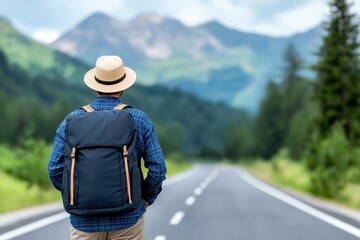 Obraz premium A traveler wearing a straw hat stands on a road, gazing at majestic mountains in the distance. A scenic view, perfect for adventure and exploration themes.