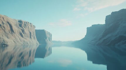 Majestic cliffs rise from tranquil waters under a vast, serene sky, reflecting an ethereal harmony between earth and sky, inviting peaceful contemplation.