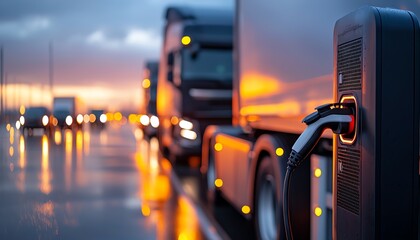 Electric truck charging station with illuminated trucks in the background during sunset, showcasing the transition to sustainable transportation.