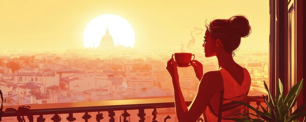 Young hispanic female enjoying coffee on balcony at sunrise over cityscape