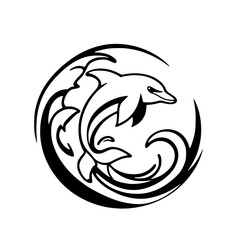 Elegant Dolphin Leaping in a Circular Wave: A Black and White Marine Graphic Design