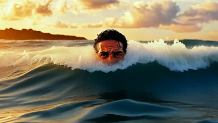 Man swimming ocean sunset,waves surrounding.Adult male vigorously vibrant water.Swimmer battles challenging.Enthusiastic expression intense swim.evokes excitement,challenge.