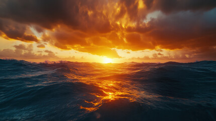A serene ocean scene transitioning into chaos as a sudden burst of fiery sunset pierces the horizon, reflecting off turbulent waves. The sky explodes with shades of orange, gold