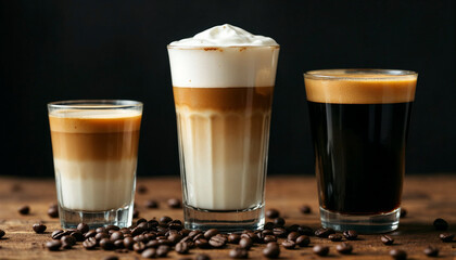 Three elegant coffee drinks arranged on a rustic wooden surface, ideal for promotion.