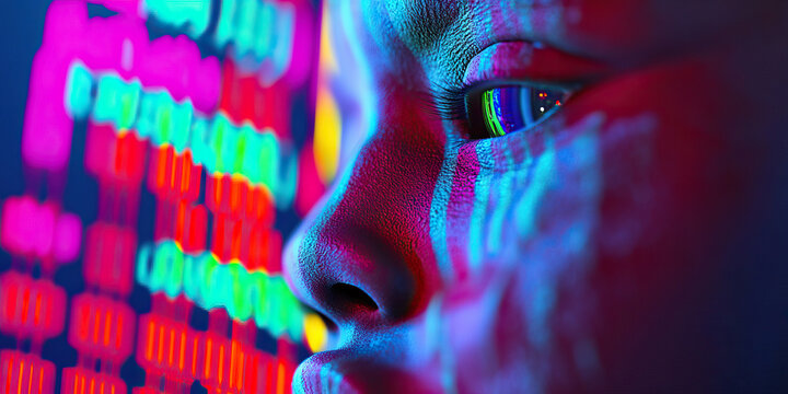 Close-up of Face with Projected Neon Text