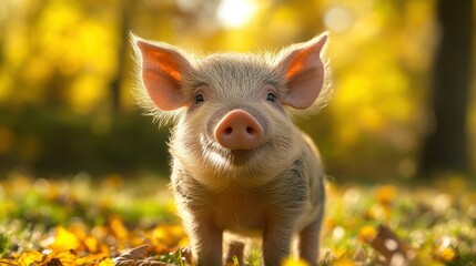 Fototapeta premium Cute piglet autumn forest portrait, fall leaves background, farm animal