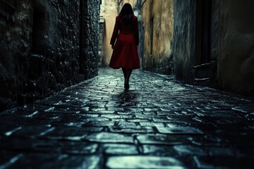 Mysterious figure in red coat walks alone down dimly lit cobbles