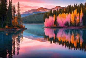 Fototapeta premium stunning sunrise reflections tranquil lake water showcasing serene colors breathtaking light play, nature, sky, clouds, landscape, horizon, morning, stillness
