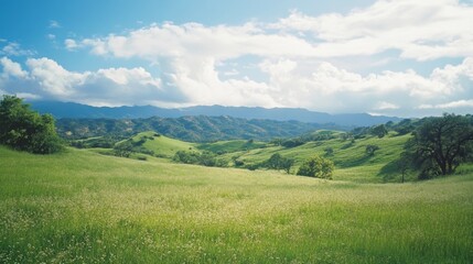 Obraz premium Serene, expansive green fields stretch beneath a vast sky, with distant rolling hills and soft clouds forming a tranquil, picturesque countryside vista.