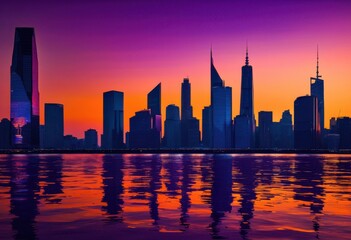 stunning dynamic skyline silhouettes dusk showcasing vibrant colors twilight captivating urban landscape, cityscape, lights, night, architecture, view