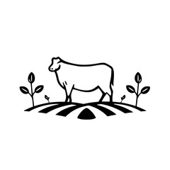 Majestic Cow in a Verdant Pasture: A Black and White Farm Illustration