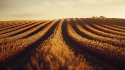 Obraz premium Golden wheat fields stretch to the horizon in neatly aligned rows, bathed in the warm glow of a setting sun.
