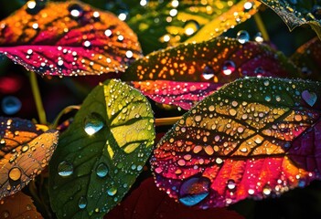 Naklejka premium vibrant close dew drops etched lush colorful leaves capturing beauty polychromatic palette, leaf, droplets, nature, foliage, texture, botanical, glistening