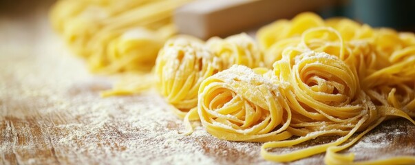 Fresh handmade fettuccine pasta on wooden surface with flour