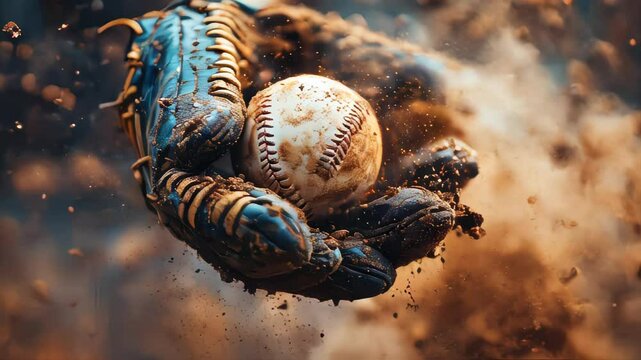 Close-up of a baseball player's gloved hand catching a dusty baseball, showcasing action and precision in the sport