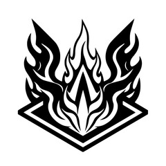 Fiery Tribal Symbol: Black and White Abstract Flame Design. Perfect for tattoos, logos, and graphic designs. Bold geometric pattern with a striking aesthetic.