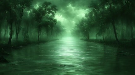 Fototapeta premium A lush green valley with a river running through it under a dramatic sky.