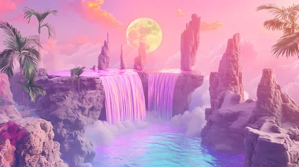 Gardinen Imagine a surreal dreamscape with floating islands, rainbow waterfalls, and gravity-defying landscapes immersed in a technicolor wonderland. dreamscape. illustration. Dreamscape Falls. Illustration © Thiago