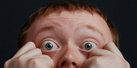 Close-up Photograph of a Person's Face Showing Wide Eyes and Hands