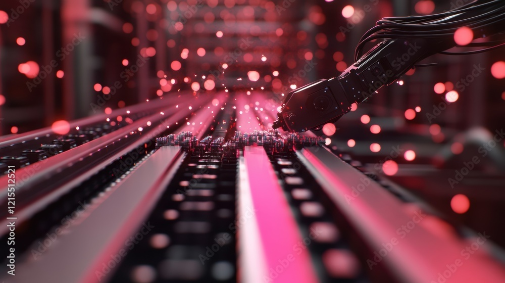 Poster robotic arm is assembling a microchip on a production line using nanotechnology in a futuristic fact