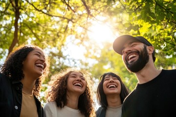 Fototapeta premium Laughter among friends under sunlit trees creates joyful atmosph
