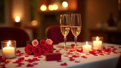 Charming Valentine's Day table arrangement with roses and candles, ideal for celebrating love and romance