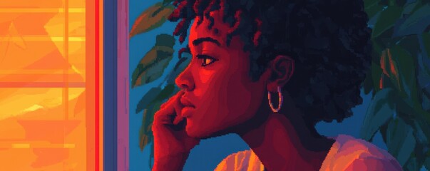 Contemplative african female in vibrant sunset lighting