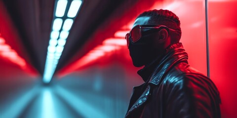A mysterious figure stands in a modern urban tunnel. The red and blue lights create a dramatic atmosphere. This photo embodies a trendy, cinematic style suited for music or fashion. AI