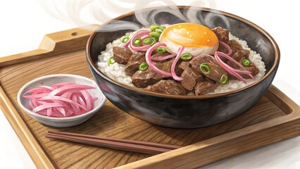 Savor delicious gyudon beef bowl with onions and egg at your favorite japanese restaurant a culinary delight for food lovers