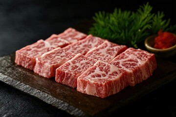 Obraz premium Raw Wagyu Steak: Beautiful Marbling on a Cutting Board