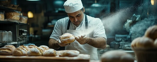 Hispanic male baker dusting fresh bread in artisan bakery kitchen