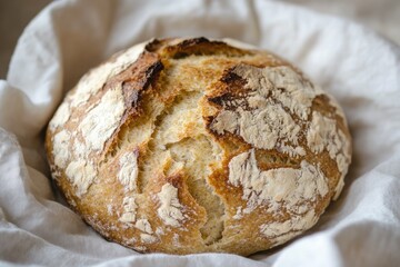 Golden brown crust of freshly baked bread resting on soft linen
