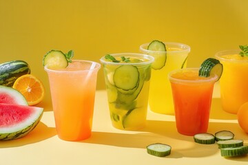 Colorful fresh fruit smoothies and juices with sliced cucumber and mint on yellow background