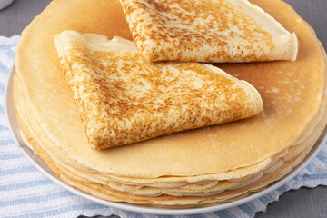 Homemade russian thin pancakes blini. Russian food, russian kitchen.