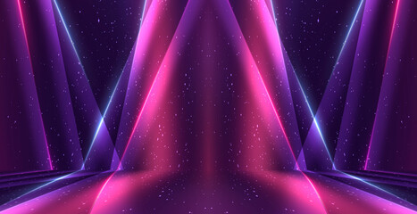 Abstract neon background with bright neon lines and rays, scene.