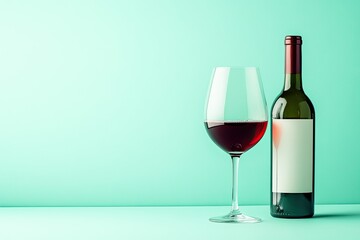 Elegant red wine bottle alongside filled glass on mint backgroun