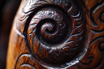Intricate wooden carving showcases swirling patterns and natural